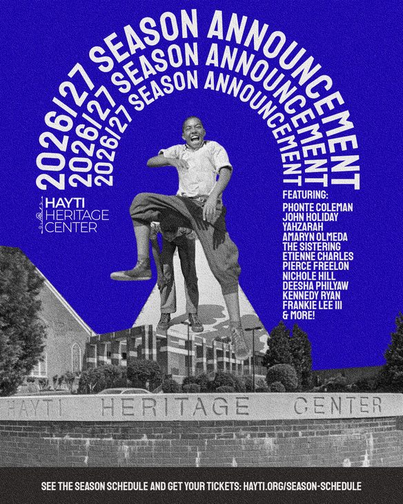 Blue season announcement poster with a lively person and 2026/2027 event info for the Hayti Heritage Center.