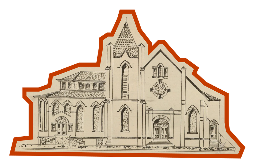 Illustration of a sepia-colored historic church facade outlined in orange