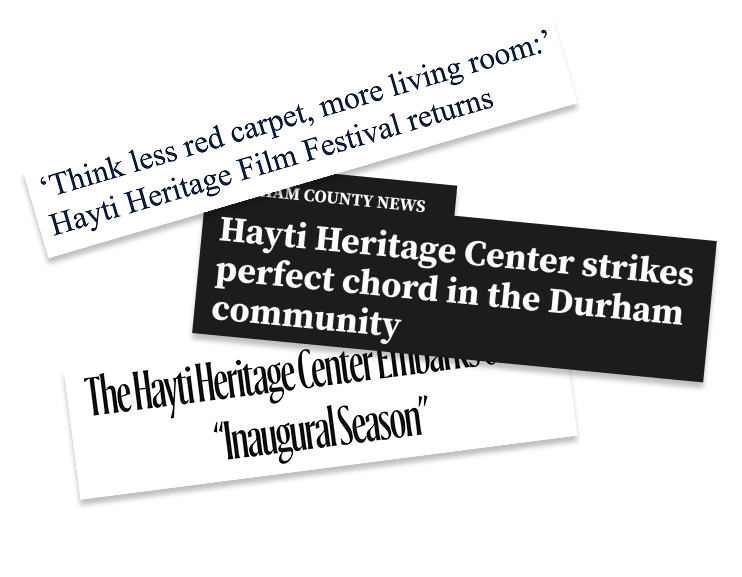 Collage of three tilted news headlines about the Hayti Heritage Center and its presence in Durham