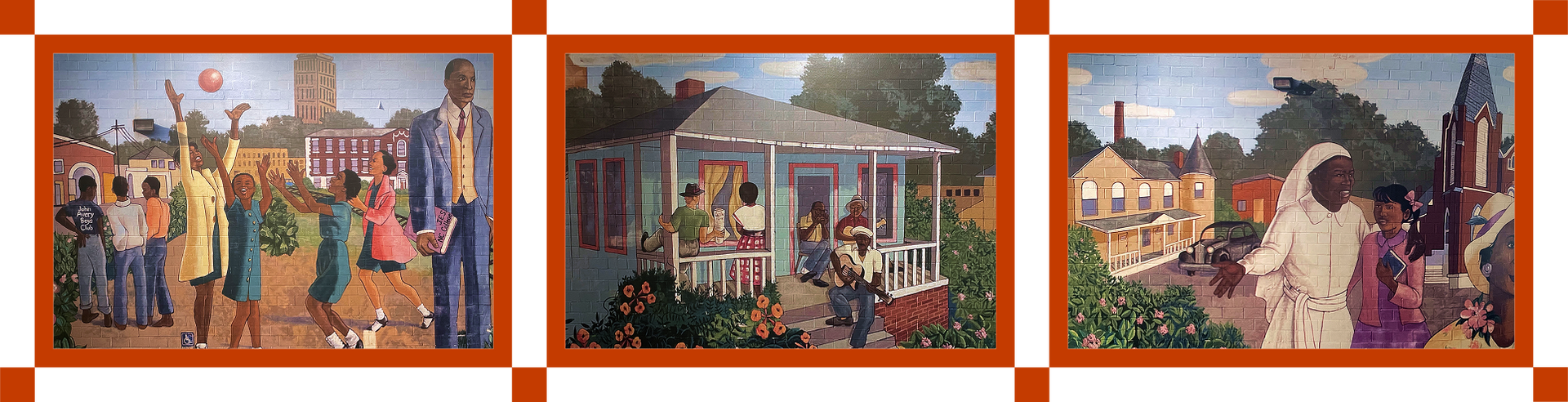 Three small painted mural scenes in orange frames, showing groups of people outdoors and a horse near a building.