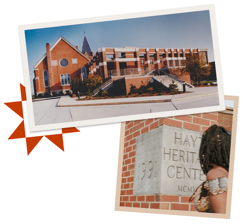 Collage of a brick building and a close-up of a “Hayti Heritage Center” sign