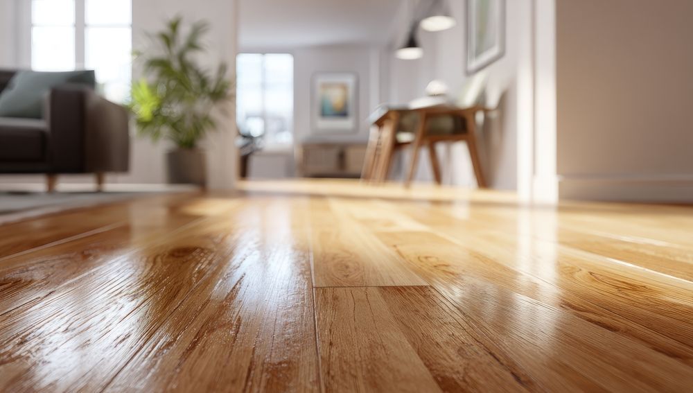 Sunlit hardwood floor in a bright, modern living room with a sofa, plant, and table in the background