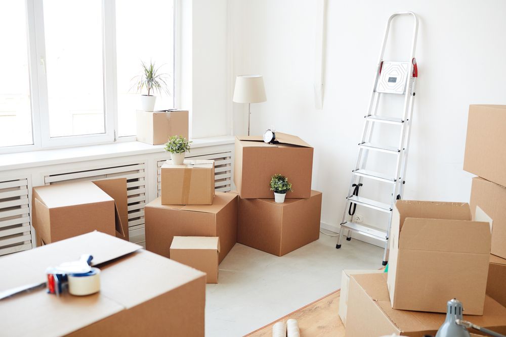 Bright room with moving boxes, a ladder, and scattered packing supplies during a move