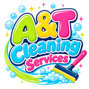 Colorful A&T Cleaning Services logo with bubbles, sparkles, and a broom sweeping foam