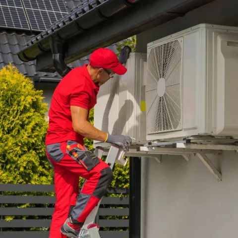 A repairman in red attire repairs an air conditioning unit mounted outside a home, using a ladder.
