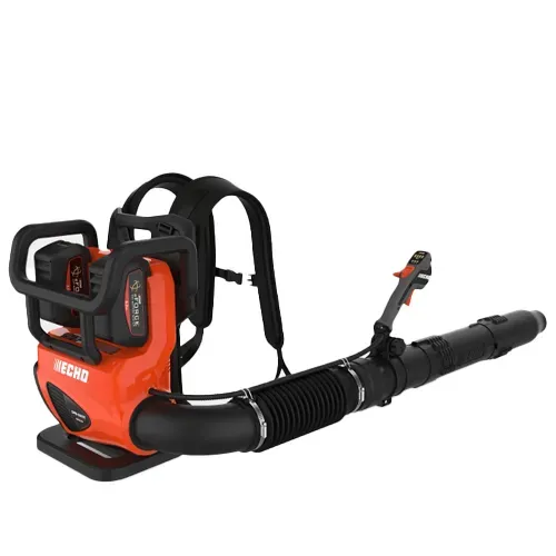 Orange and black backpack leaf blower with long nozzle on a white background
