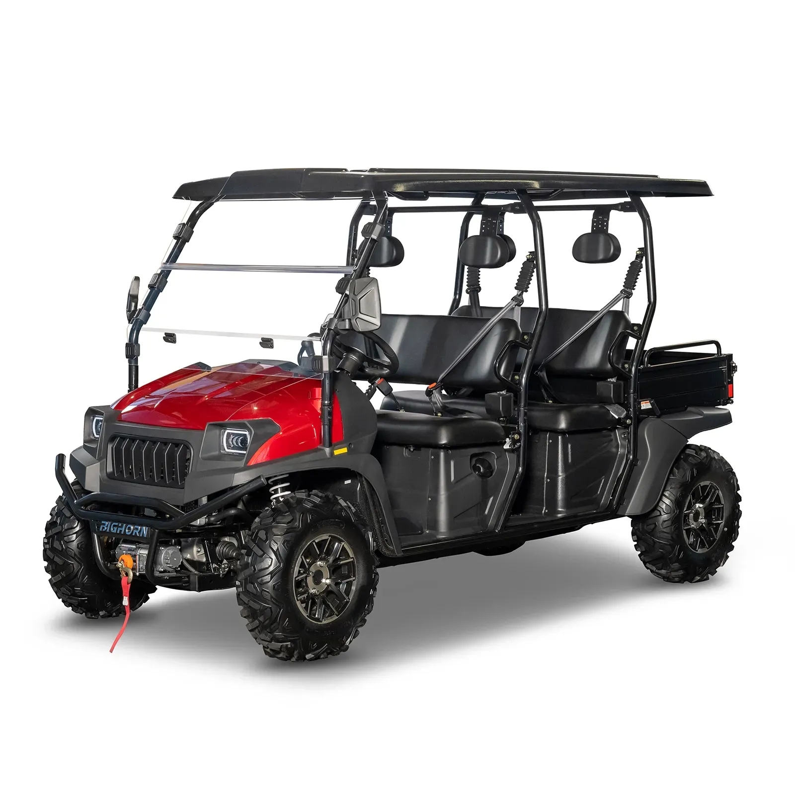 Red and black off-road utility vehicle with a roof and four seats on a white background