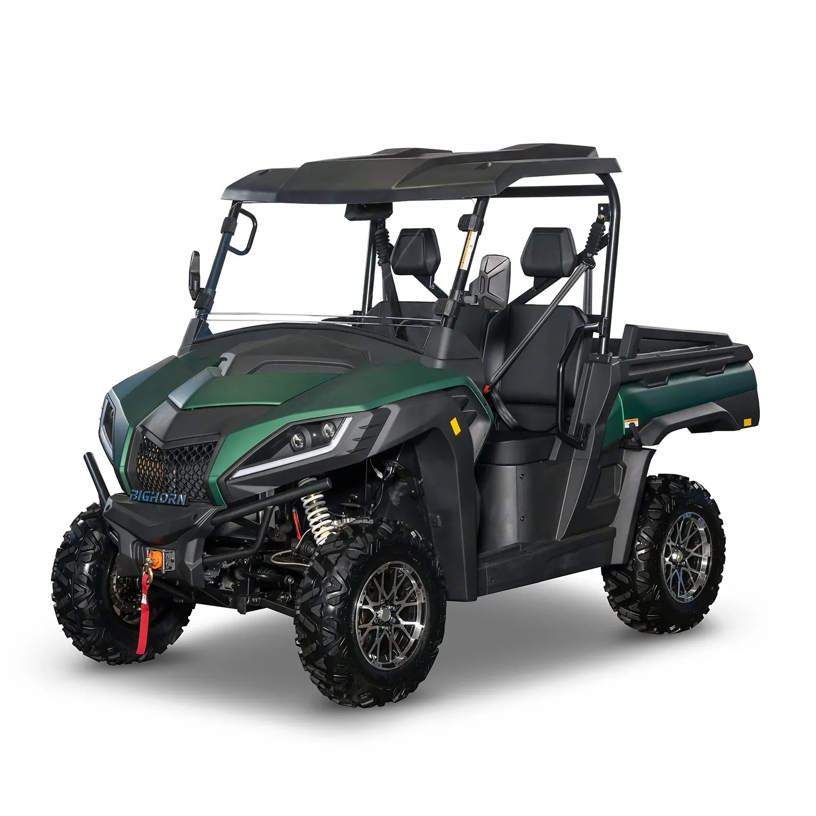 Black and green side-by-side UTV with roll cage, off-road tires, and front winch on a white background