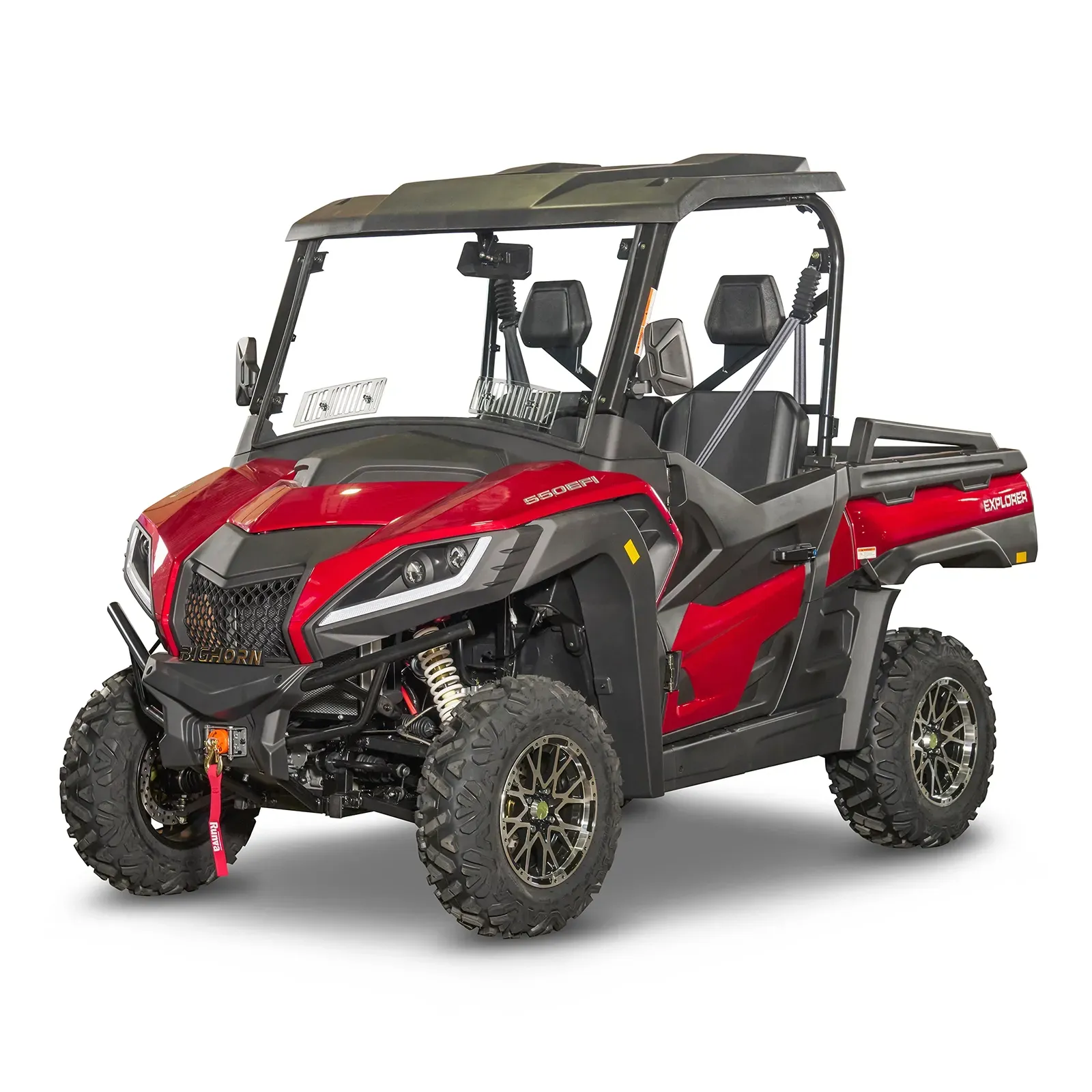 Red and black off-road utility side-by-side vehicle with roof and large knobby tires