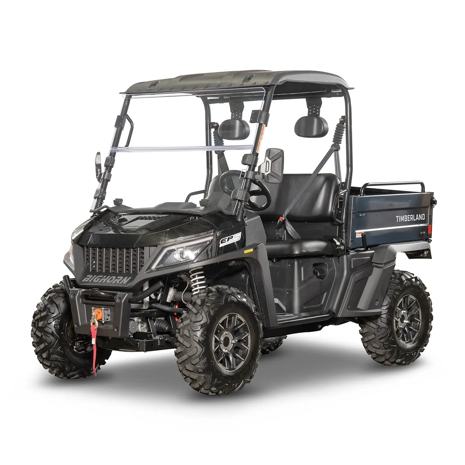 Black utility side-by-side ATV with roll cage, headlights, and cargo bed on a white background