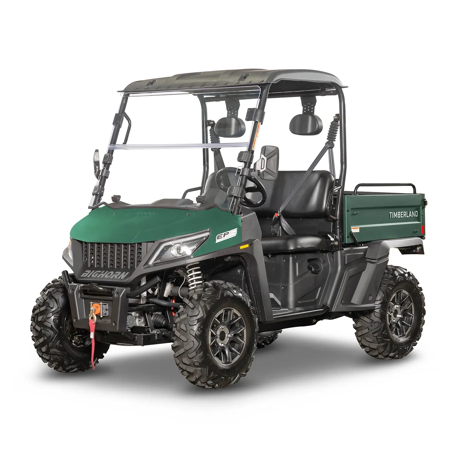 Green off-road utility vehicle with roll cage, rugged tires, and front winch on a white background