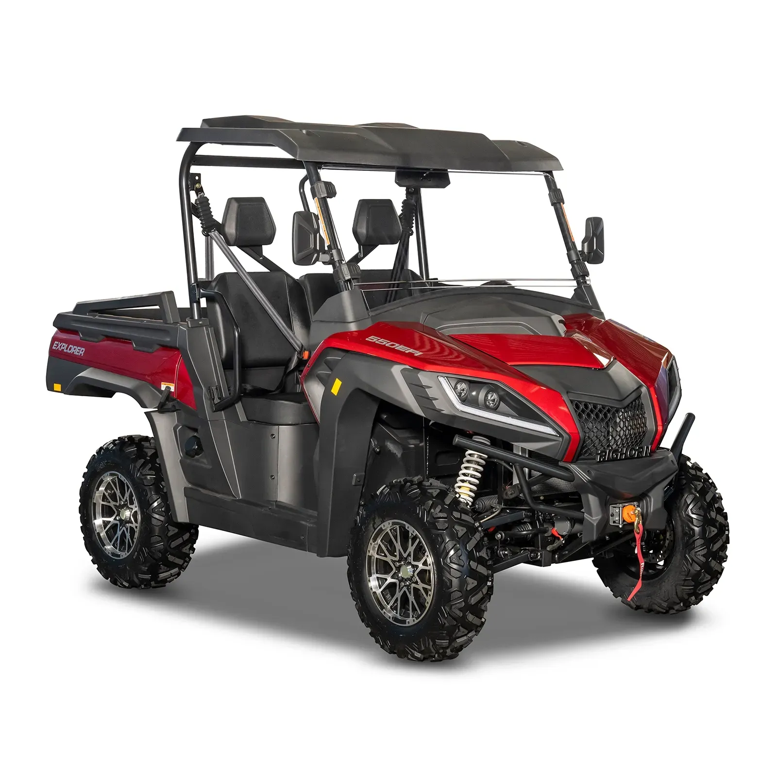 Red and black off-road side-by-side utility vehicle with roll cage and two seats on white background