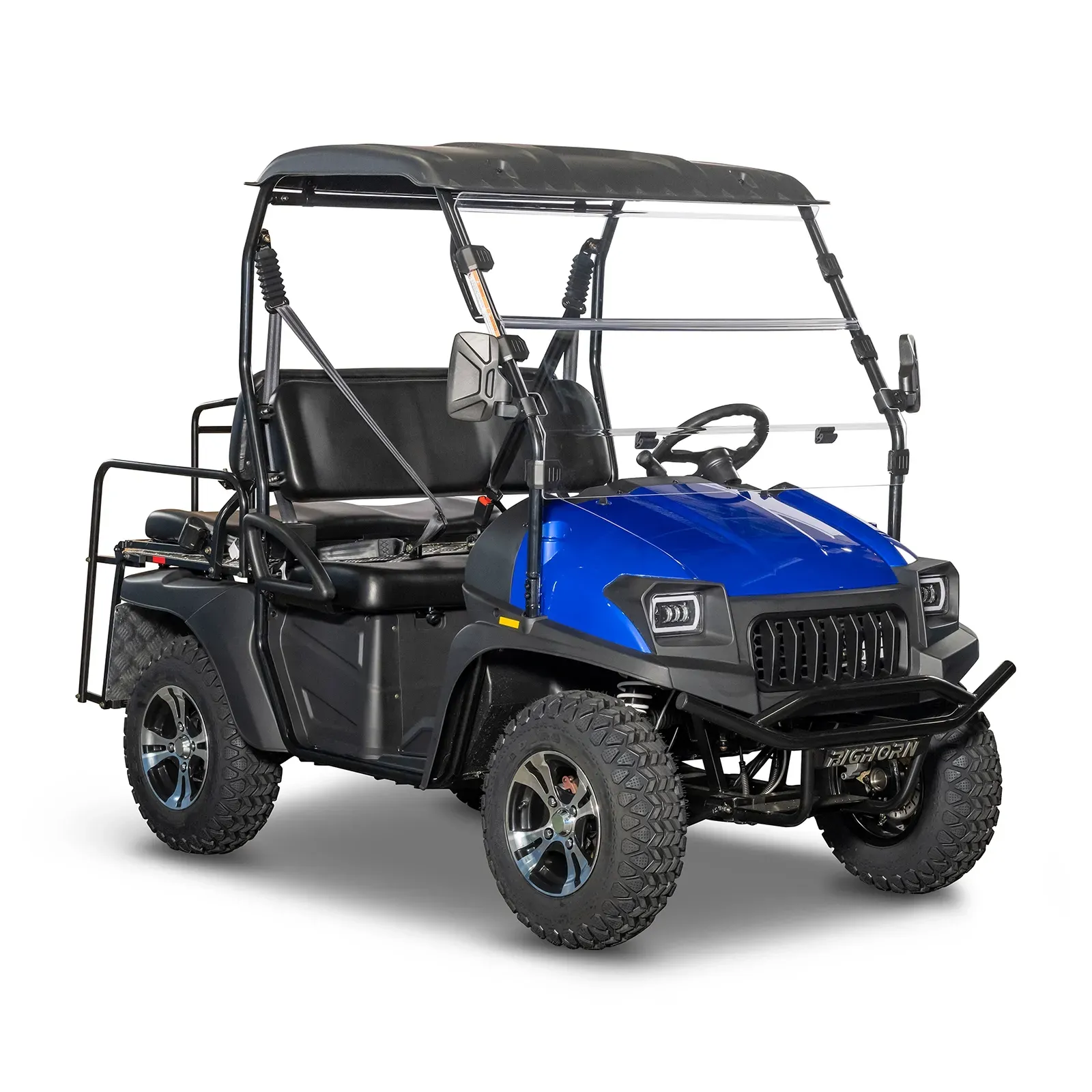 Blue and black off-road utility vehicle with roll cage, front view on white background