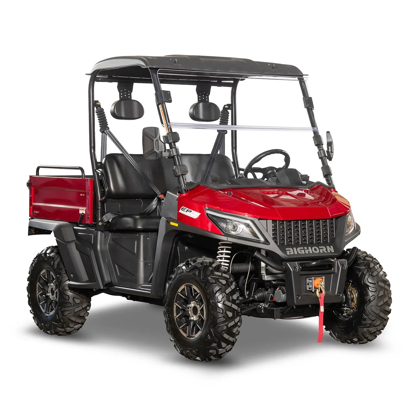 Red and black off-road utility vehicle with roof and cargo bed on a white background