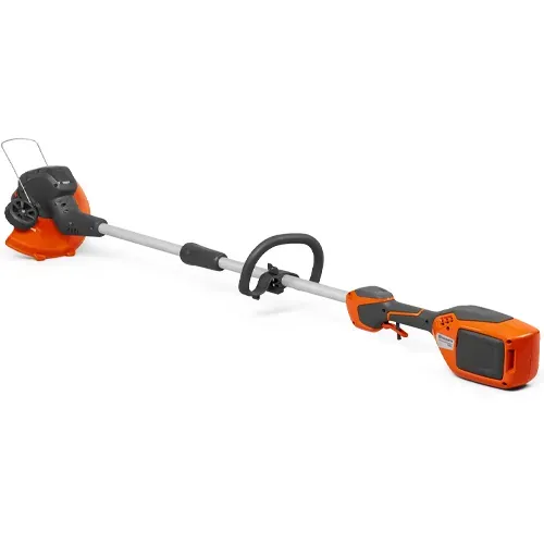 Orange and black cordless string trimmer on a white background