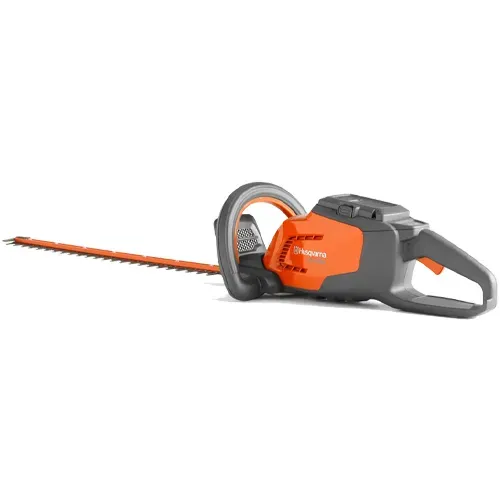 Orange cordless hedge trimmer with long blade on a white background