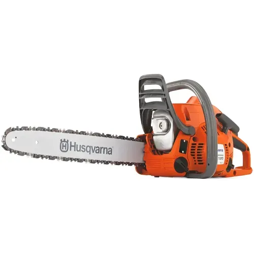 Orange Husqvarna chainsaw with a silver blade on a white background