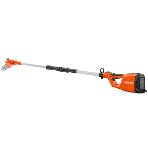 Orange and gray cordless pole saw with extended shaft on a white background