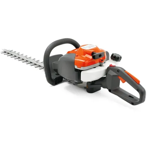 Orange-and-gray chainsaw with black handle on a white background