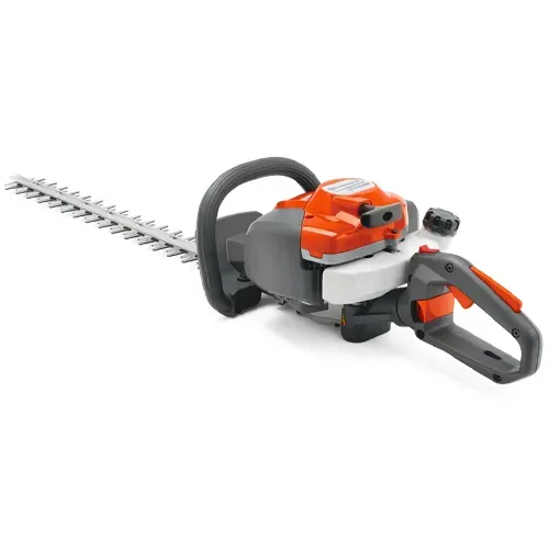 Orange and gray hedge trimmer with long blade on a white background