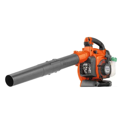 Orange handheld leaf blower with a long gray nozzle on a white background