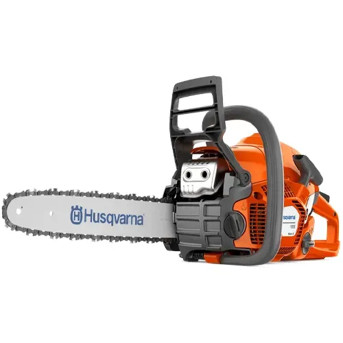Orange Husqvarna chainsaw with silver bar and black handle, isolated on white background