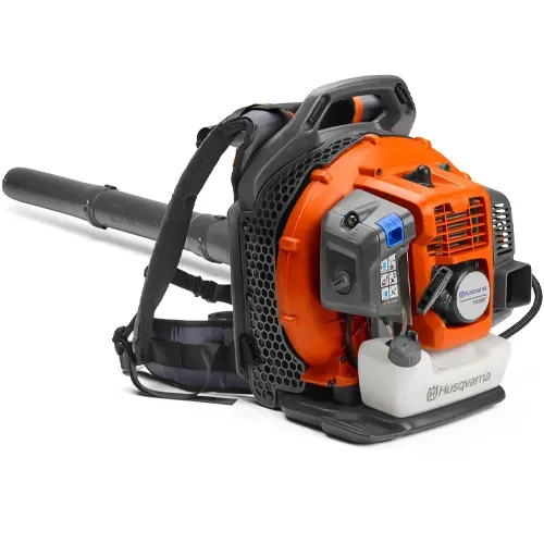 Orange Husqvarna backpack leaf blower with black straps and long nozzle on white background