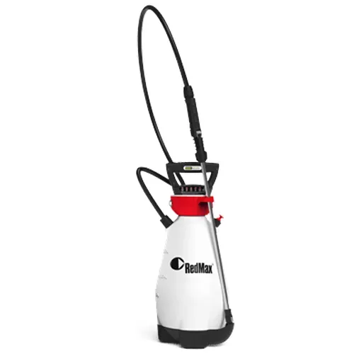White backpack sprayer with black hose and red handle on a white background