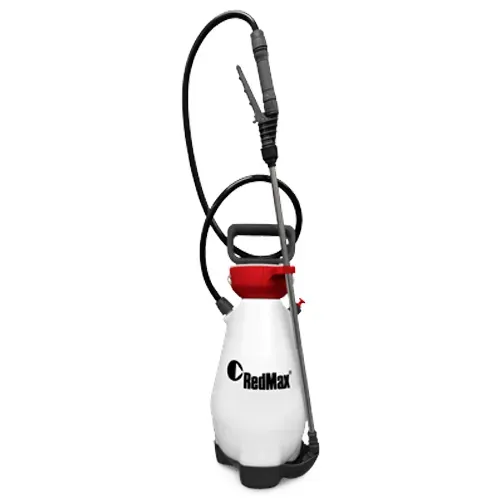 White handheld garden sprayer with red cap and black hose, isolated on white background