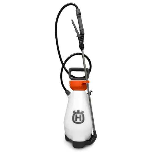 White Husqvarna backpack sprayer with black hose and orange cap on a white background