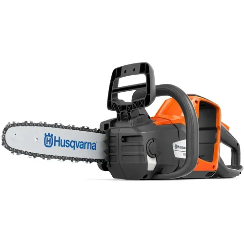 Orange and black Husqvarna chainsaw with silver blade on white background