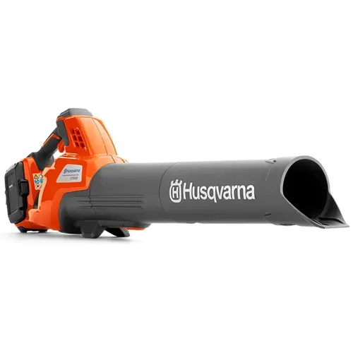 Orange and black Husqvarna handheld leaf blower on a white background