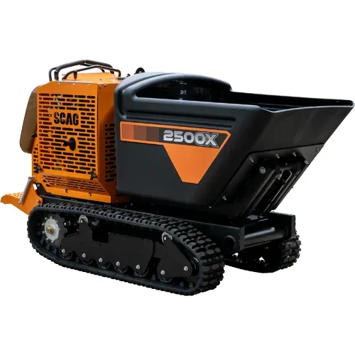 Orange and black tracked utility loader with bucket attachment, shown in side view on white background