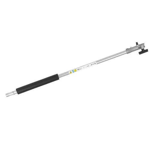 Telescoping silver pole with black grip and attachment head on white background