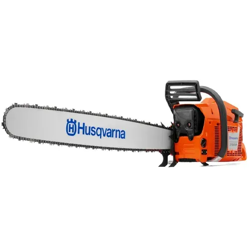 Orange Husqvarna chainsaw with silver blade on a white background