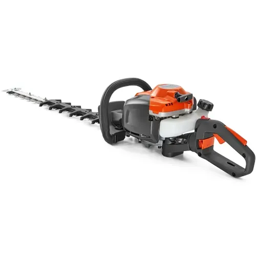 Orange and gray gas-powered hedge trimmer with long cutting blade on a white background