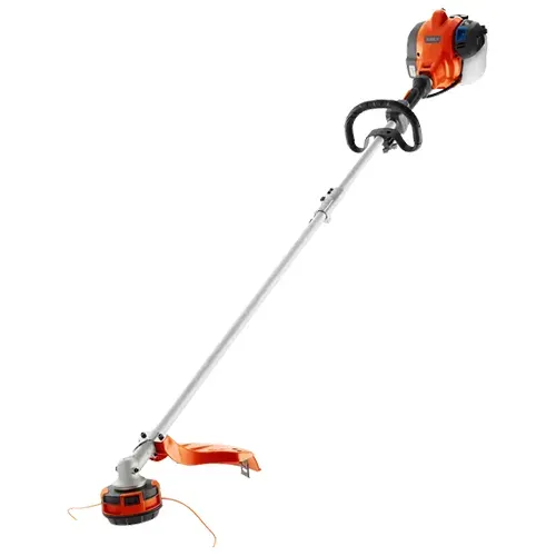 Orange gas-powered string trimmer with long shaft and curved handle on white background