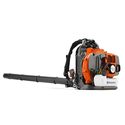 Orange backpack leaf blower with long black nozzle on a white background