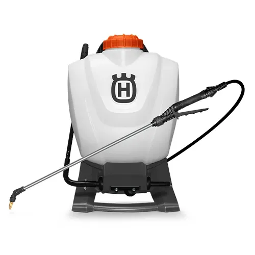 Husqvarna backpack sprayer with white tank, orange cap, and attached wand nozzle