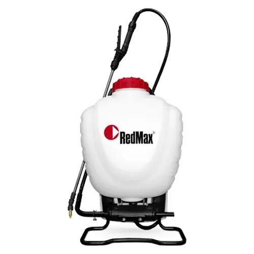 White RedMax backpack sprayer with red cap and black frame on a plain background