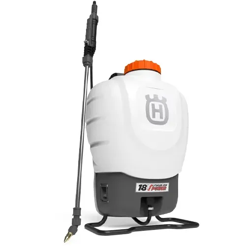 White and orange Husqvarna battery backpack sprayer with wand on a plain background