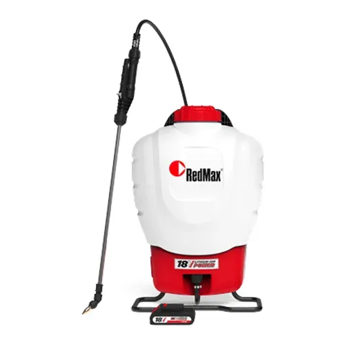 RedMax backpack sprayer with white tank, red accents, and black wand on a stand
