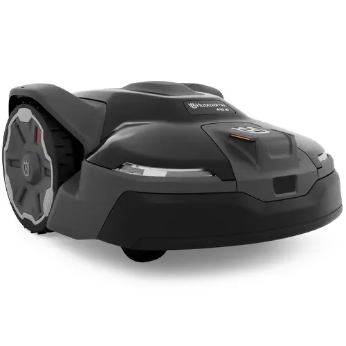 Black robotic lawn mower on a white background
