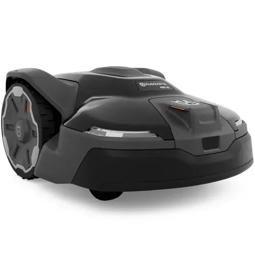 Black robotic lawn mower with gray accents on a white background