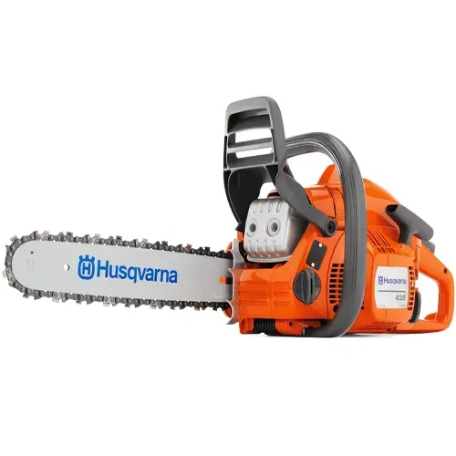 Orange Husqvarna chainsaw with silver blade and black handle, isolated on white background