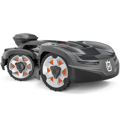 Black robotic lawn mower with orange accents on white background