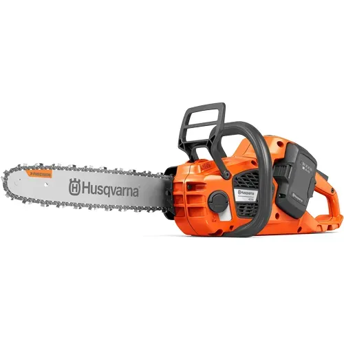 Orange and gray Husqvarna chainsaw on a white background