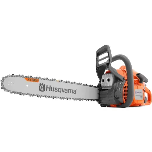 Orange Husqvarna chainsaw with a long silver bar and chain on a white background