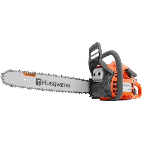 Orange and gray Husqvarna chainsaw with a long silver blade on a white background