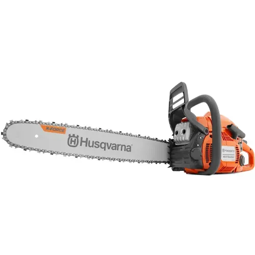 Orange Husqvarna chainsaw with long silver blade on a white background